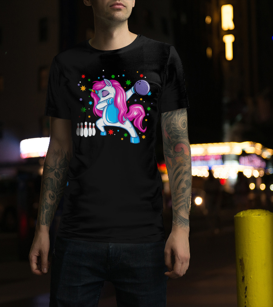 Dabbing Unicorn Bowling Fun Dance Party With Stars And Pins T-Shirt