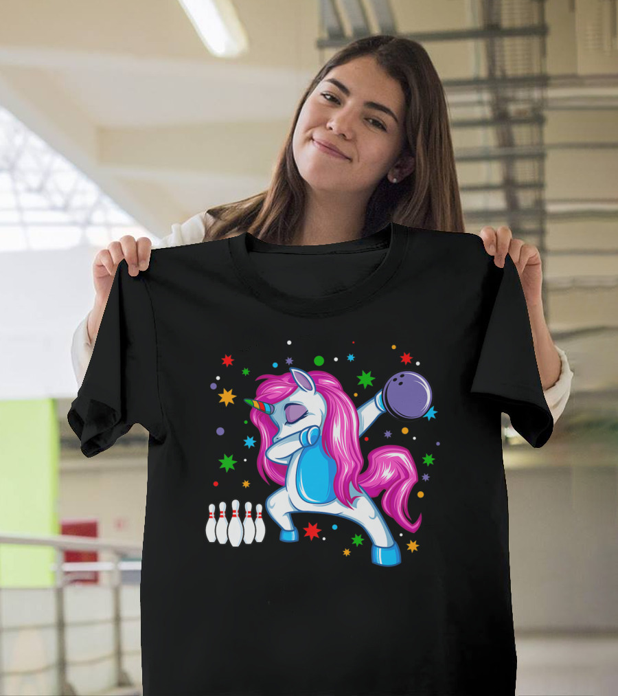 Dabbing Unicorn Bowling Fun Dance Party With Stars And Pins T-Shirt