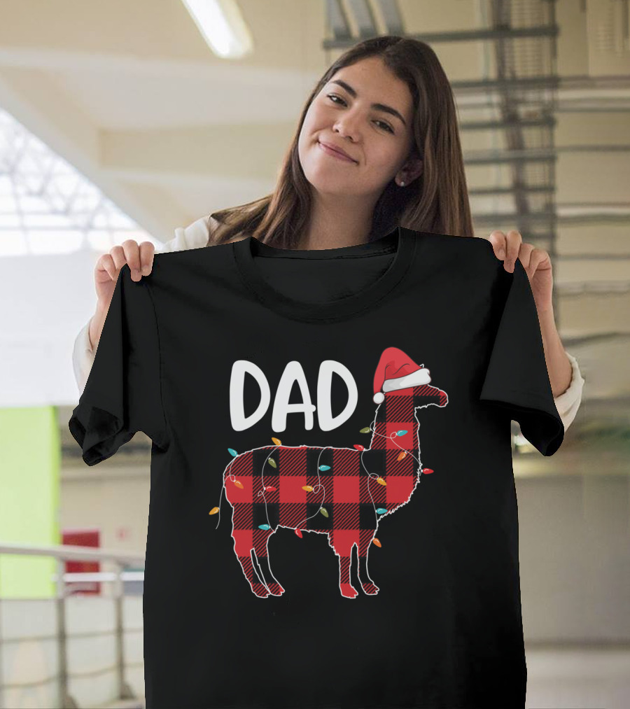 Dad Llama Christmas Red Plaid Santa Hat Lights T-Shirt