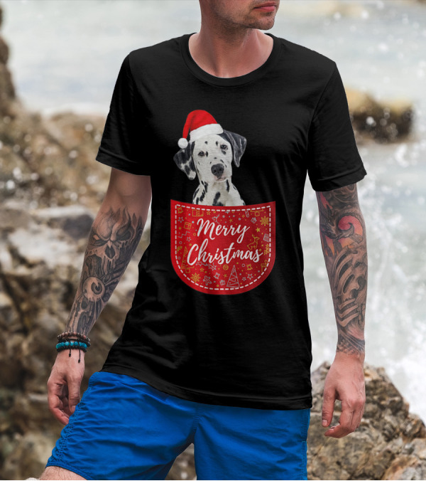 Dalmatian In Santa Hat With Merry Christmas Pocket T-Shirt