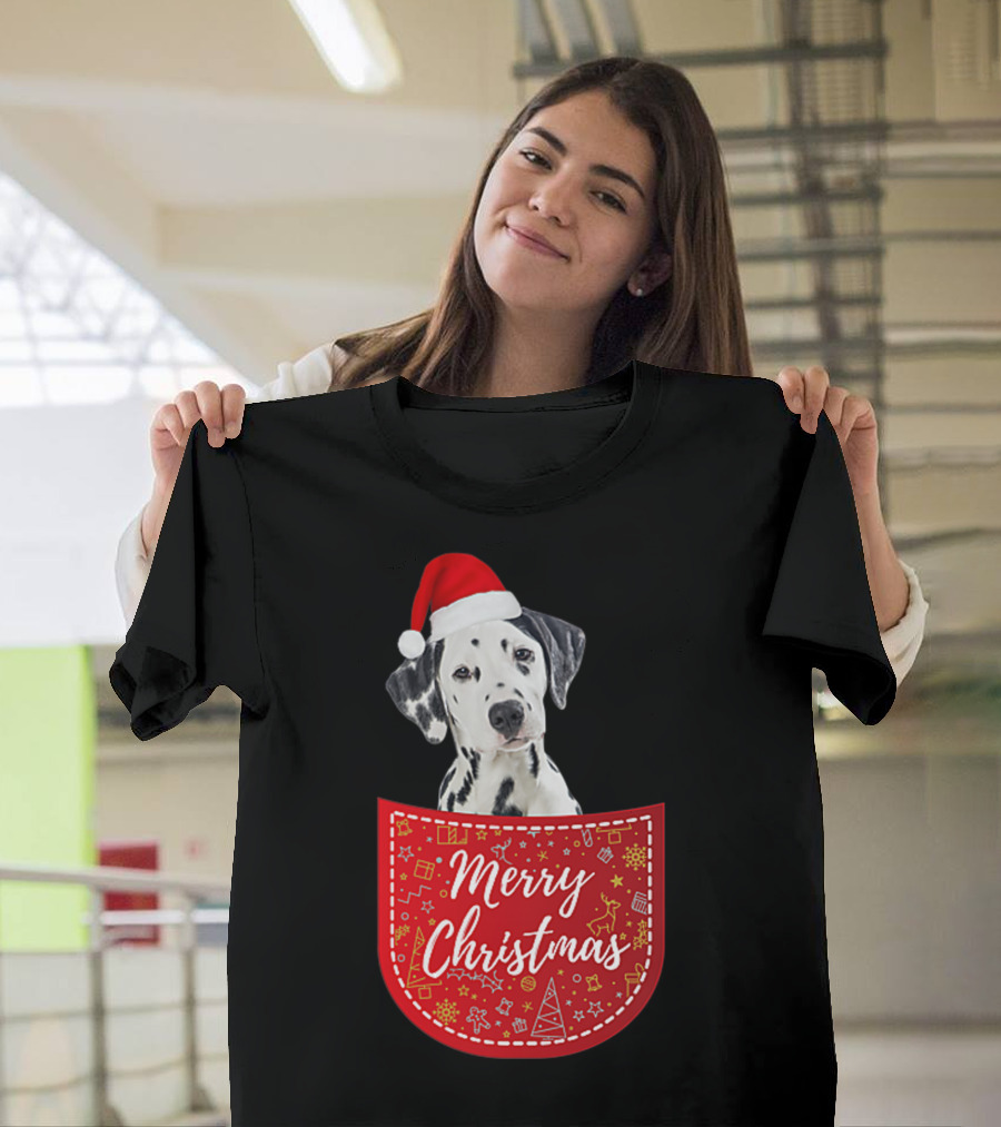 Dalmatian in Santa Hat with Merry Christmas Pocket T-Shirt