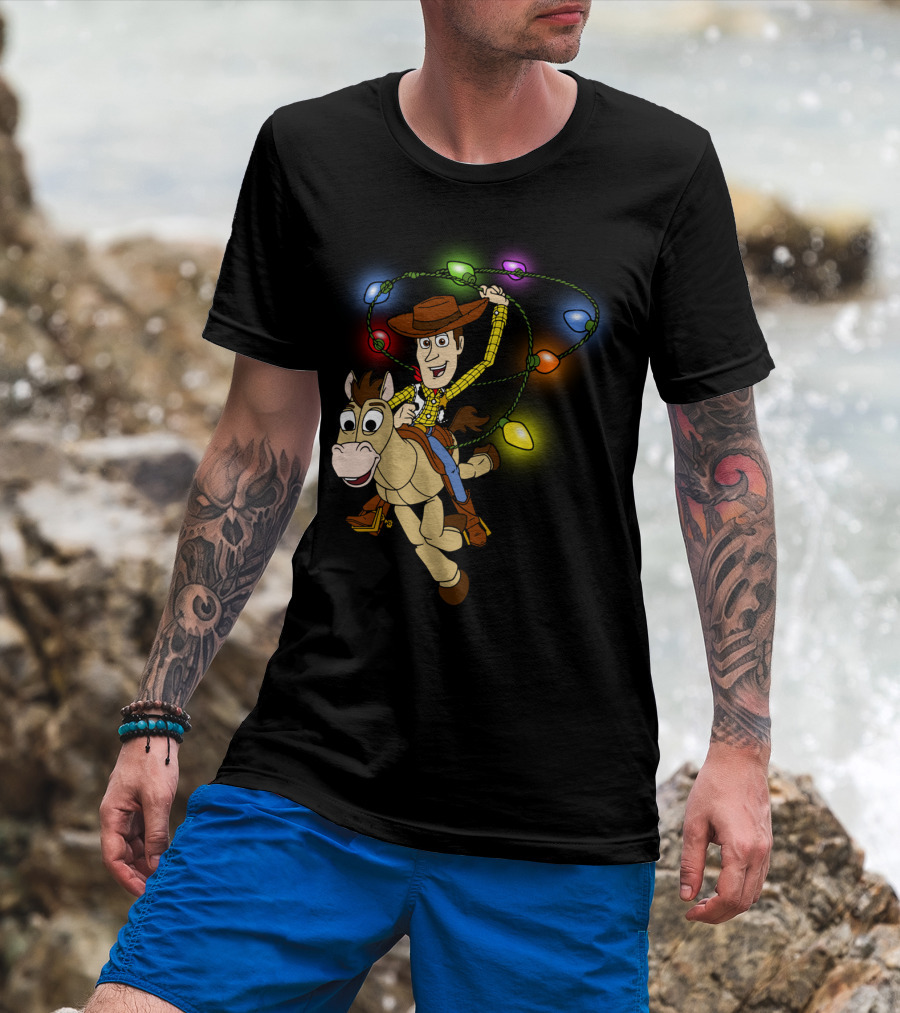 Woody Riding Bullseye With Christmas Lights Disney Pixar Toy Story T-Shirt