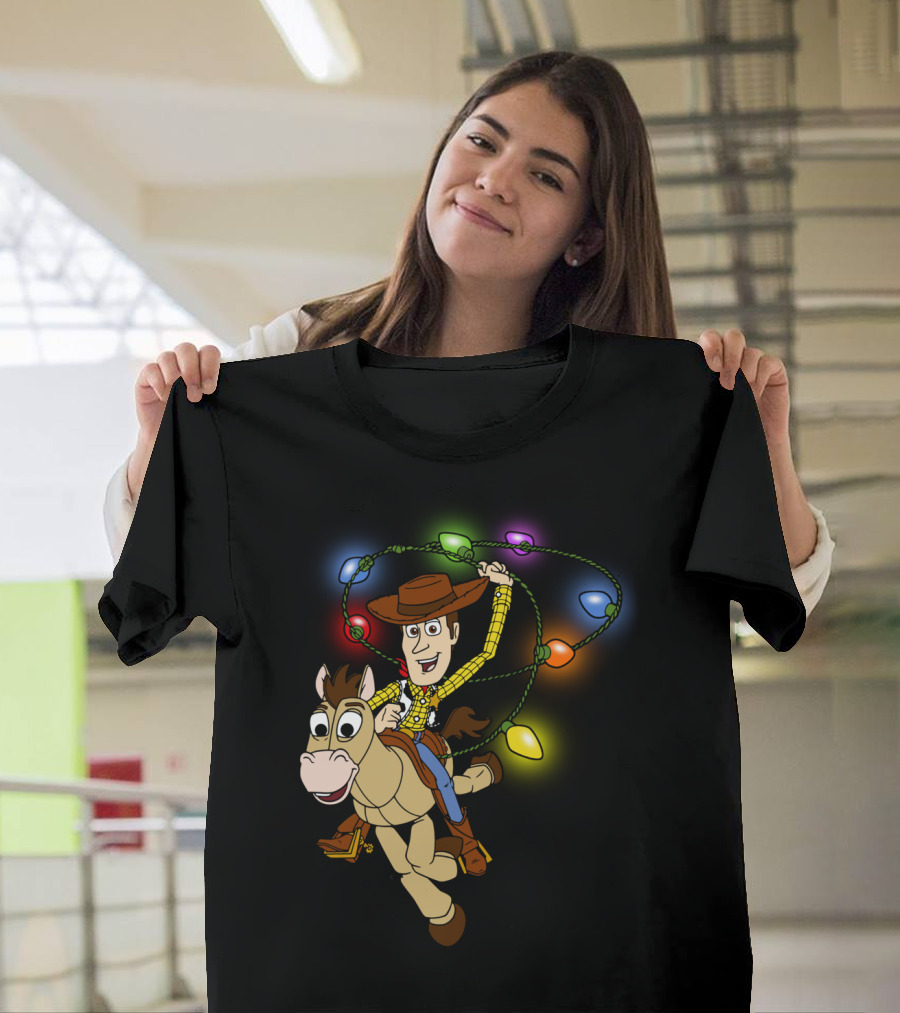 Woody Riding Bullseye with Christmas Lights Disney Pixar Toy Story T-Shirt