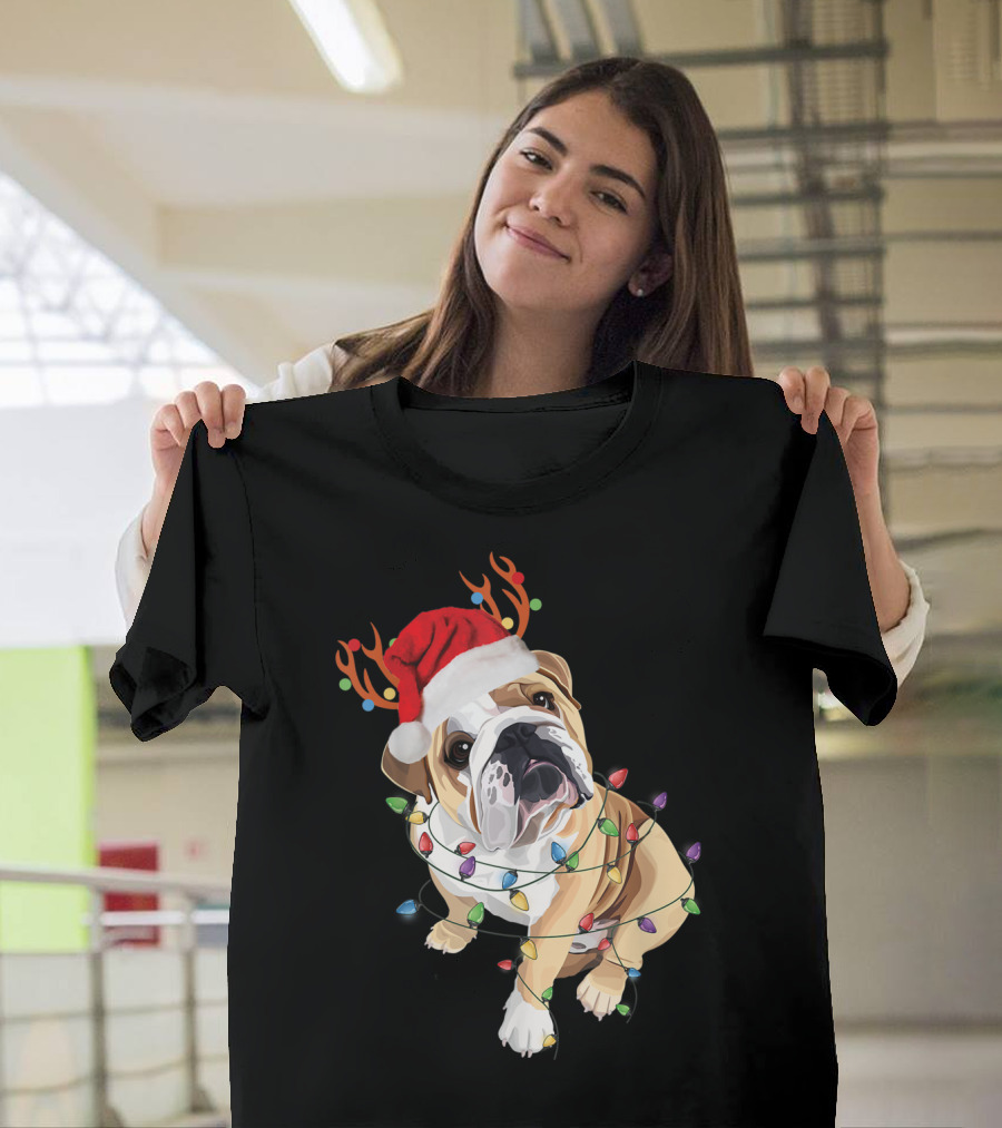English Bulldog Santa Hat Reindeer Christmas Lights T-Shirt