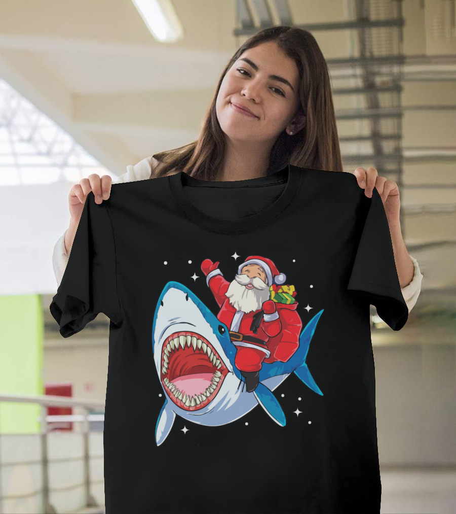 Funny Santa Riding Shark Christmas Holiday Cheer T-Shirt