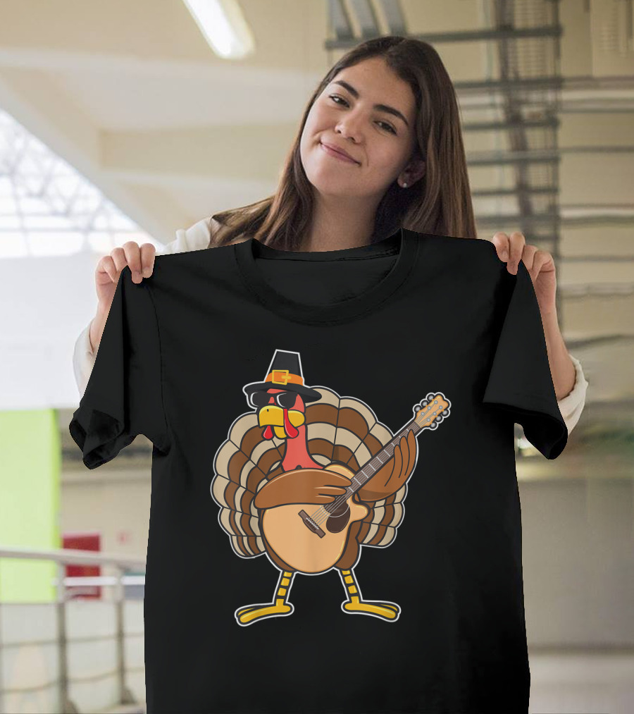 Thanksgiving Turkey Rocking Guitar With Pilgrim Hat T-Shirt