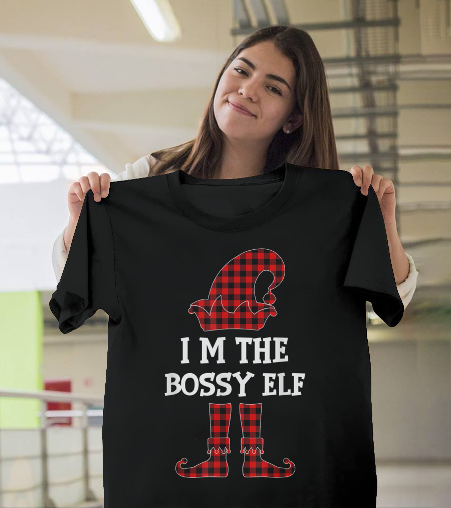 I Am The Bossy Elf Red Plaid Hat and Boots Christmas Humor T-Shirt