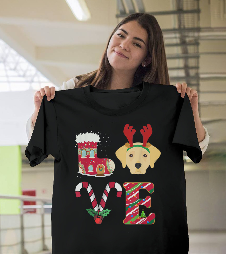 Love Christmas Labrador with Festive Candy Canes and Reindeer Antlers T-Shirt