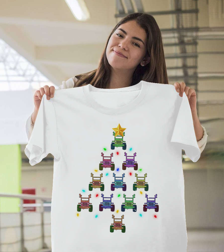 Jeep Christmas Tree Funny Merry Jeeps Lover Lights Star T-Shirt