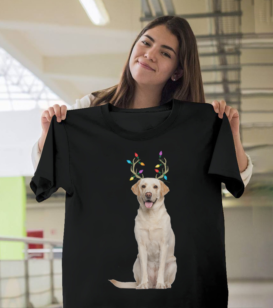 Labrador Retriever with Reindeer Antlers and Christmas Lights T-Shirt