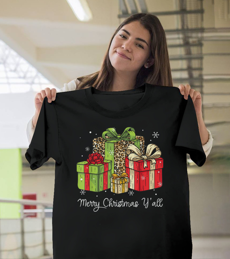 Merry Christmas Y'all Leopard Gift Boxes T-Shirt