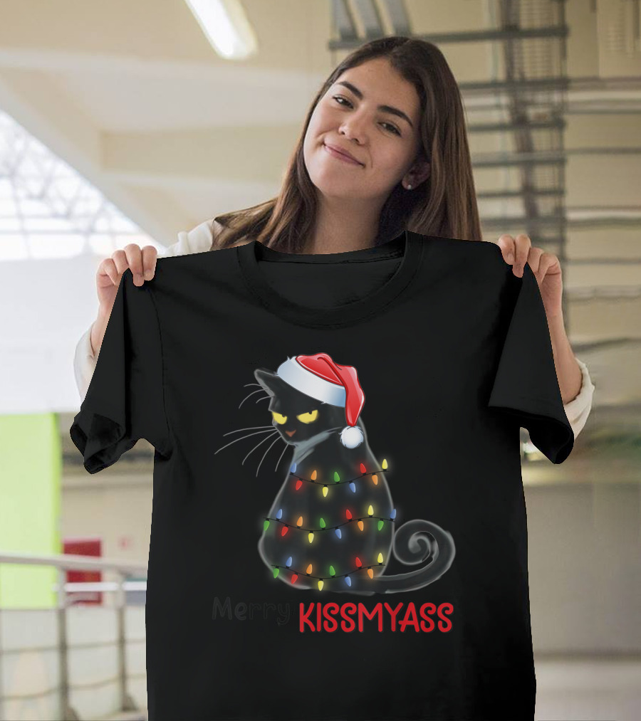 Merry Kissmyass Black Cat with Christmas Lights and Santa Hat T-Shirt