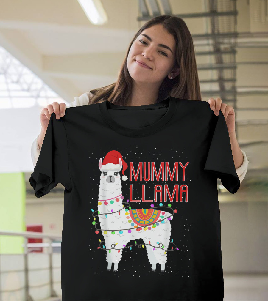 Mummy Llama Christmas Lights Festive Holiday Snow Santa Hat T-Shirt