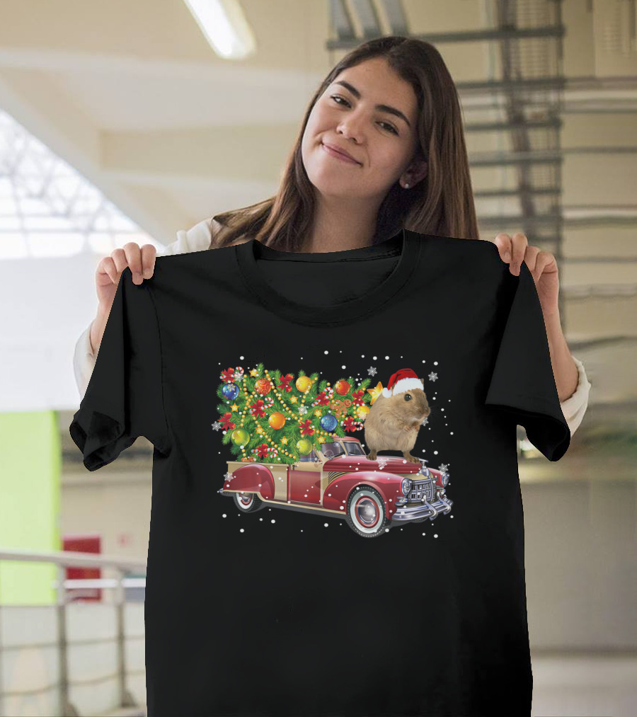 Hamster Wearing Santa Hat Riding Red Vintage Truck with Christmas Tree and Ornaments T-Shirt