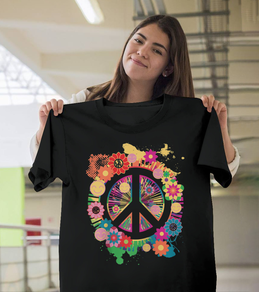 Peace Sign with Colorful Flowers and Smiley Faces 60's 70's Hippie T-Shirt