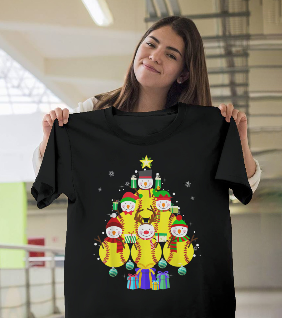 Softball Christmas Snowman Tree with Gifts for Funny Sport Lovers T-Shirt
