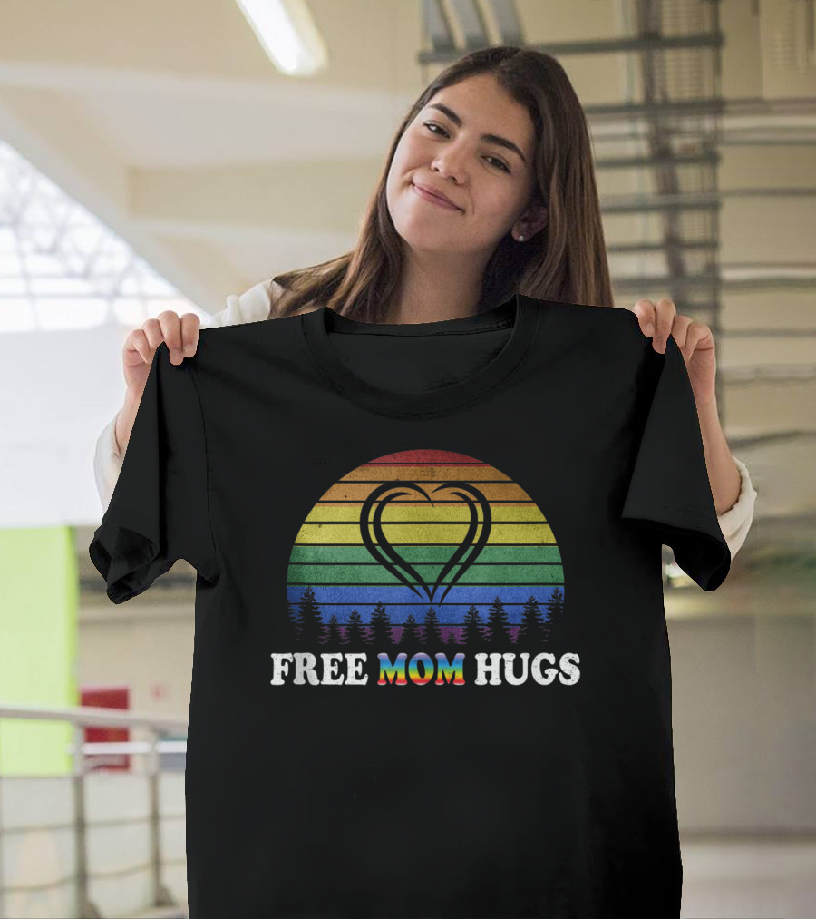 Free Mom Hugs Rainbow Heart Pride Vintage Retro Sunset Forest T-Shirt