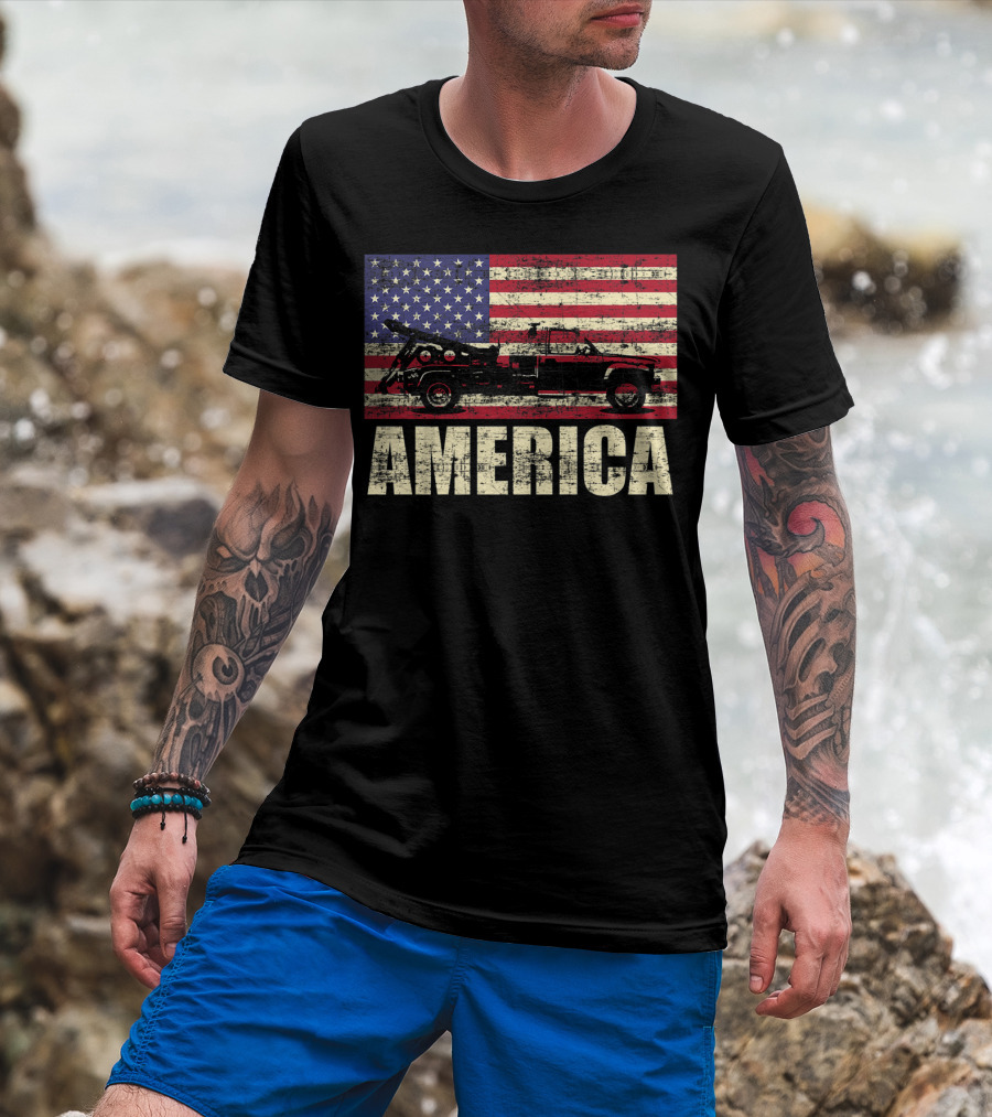 America Tow Truck Patriotic Pickup Flag T-Shirt