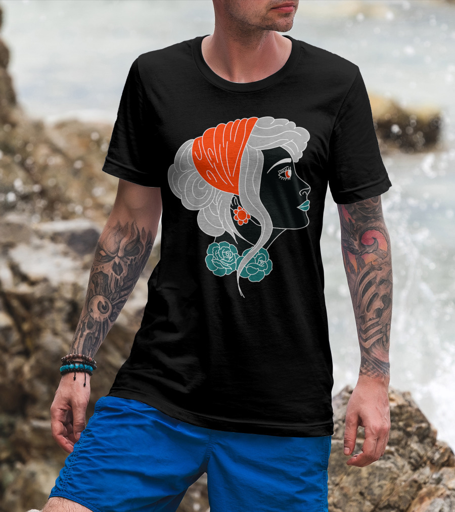 American Traditional Tattoo Gypsy Woman With Orange Headscarf And Roses T-Shirt