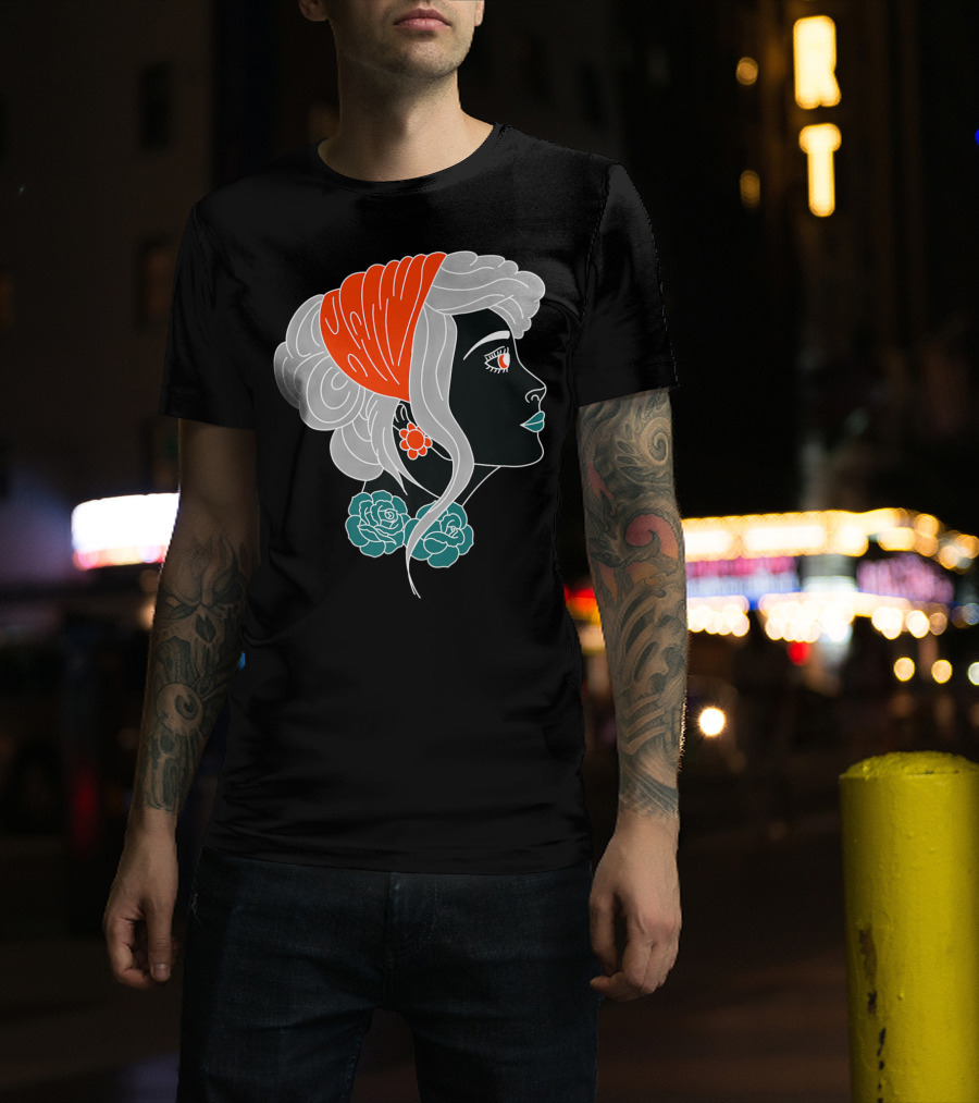 American Traditional Tattoo Gypsy Woman With Orange Headscarf And Roses T-Shirt