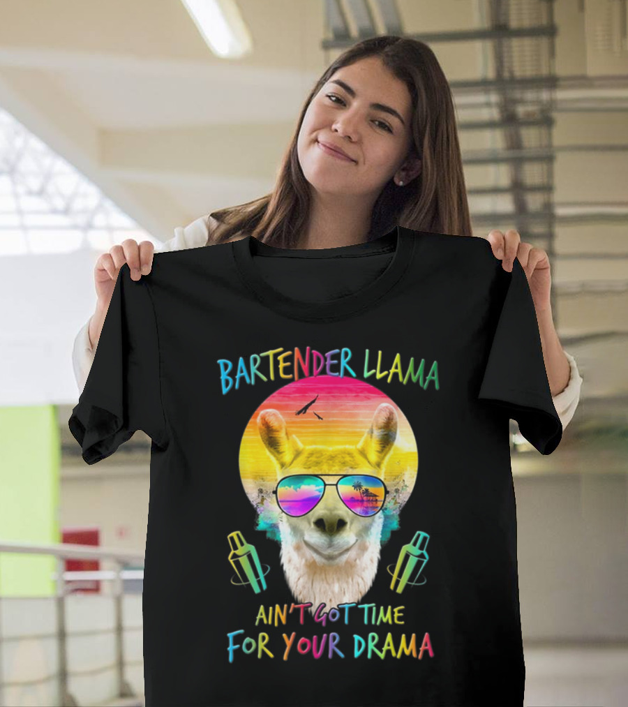 Bartender Llama Ain't Got Time for Your Drama Retro Sunset Vibes T-Shirt