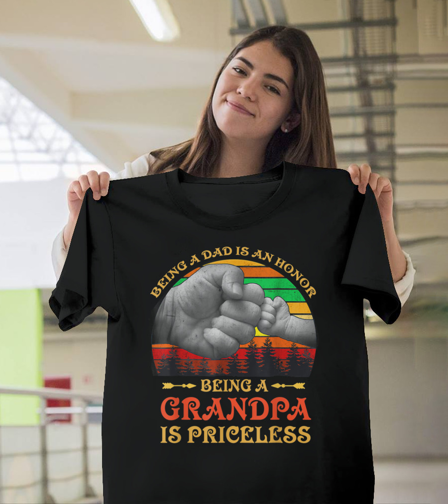 Being A Dad Is An Honor Being A Grandpa Is Priceless Fist Bump Retro Sunset T-Shirt