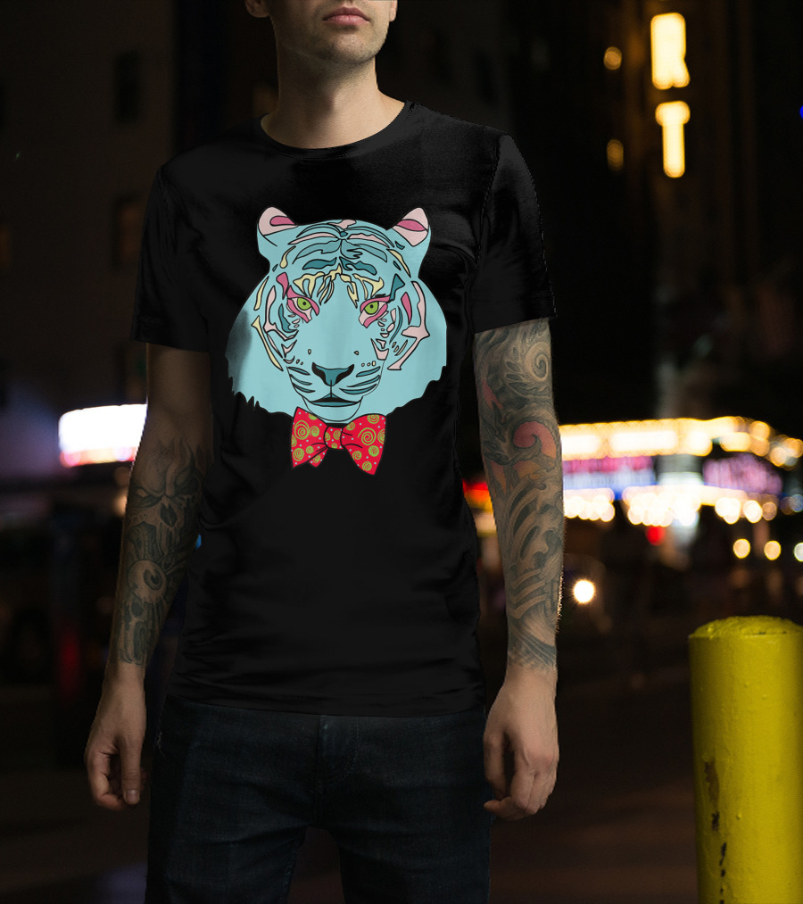 Colorful Tiger Head With Spiraled Bow Tie T-Shirt