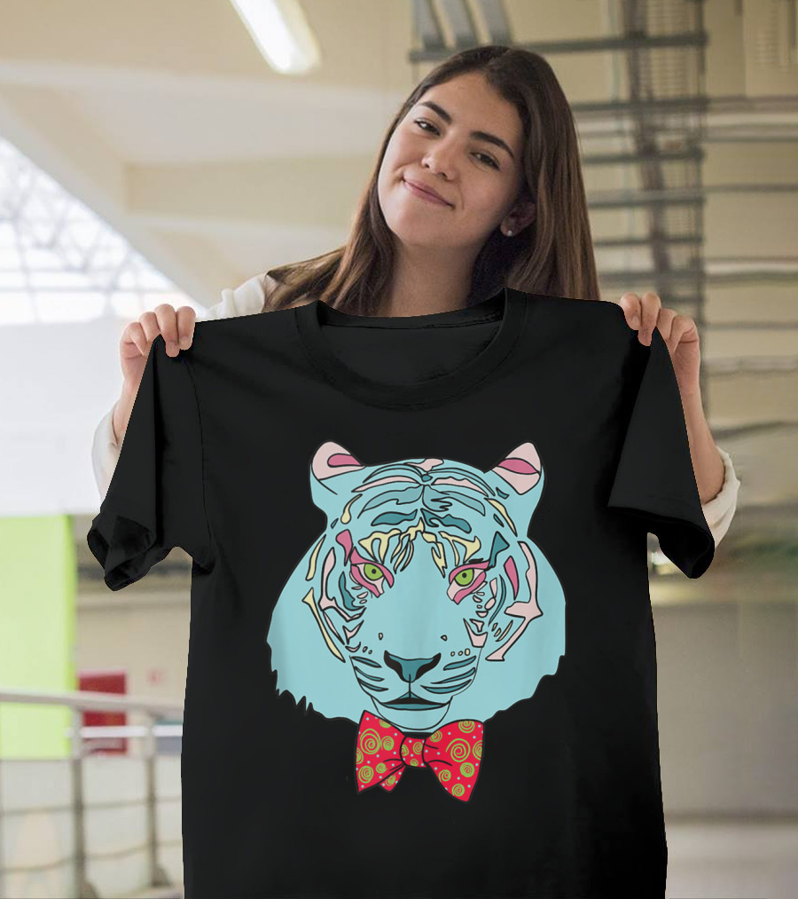 Colorful Tiger Head With Spiraled Bow Tie T-Shirt