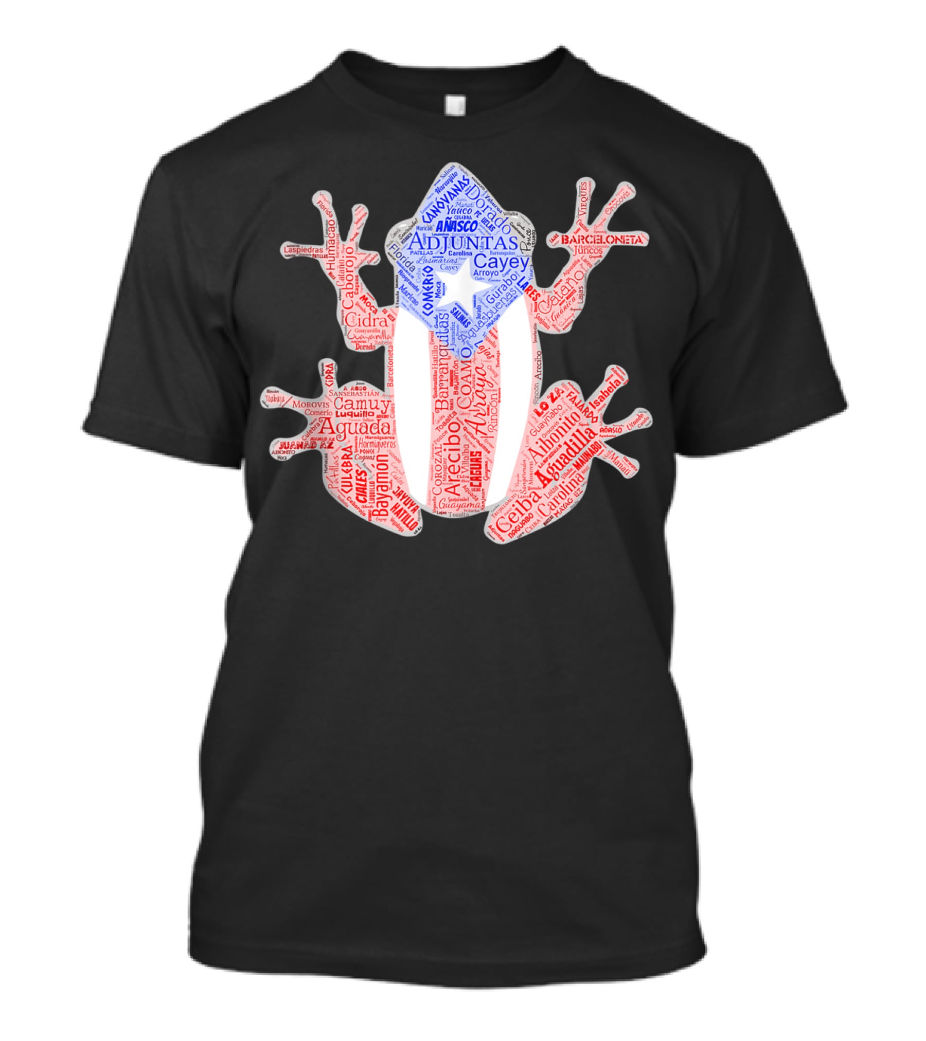 Coqui Taino Puerto Rico Cities Boricua Flag Adjuntas Aguadilla Arecibo Barceloneta Caguas Cayey Ceiba Cidra Coamo Guayama Manati Morovis Yauco T-Shirt