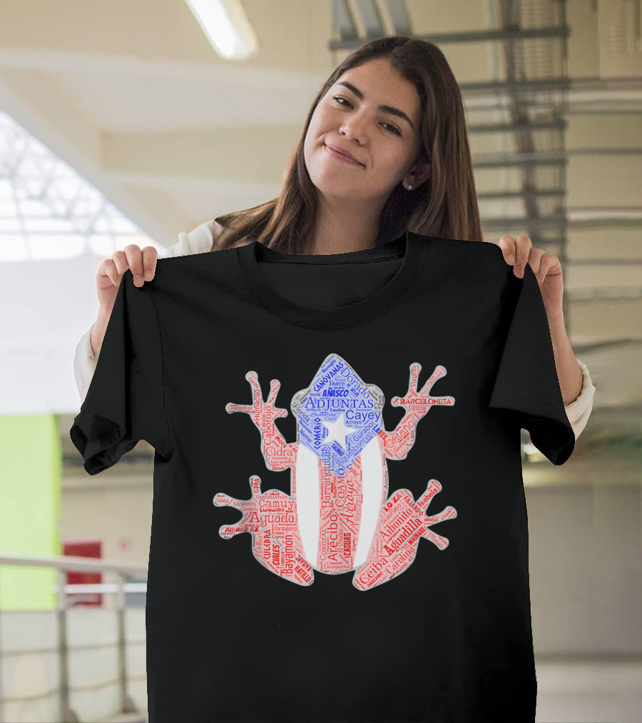 Coqui Taino Puerto Rico Cities Boricua Flag Adjuntas Aguadilla Arecibo Barceloneta Caguas Cayey Ceiba Cidra Coamo Guayama Manati Morovis Yauco T-Shirt