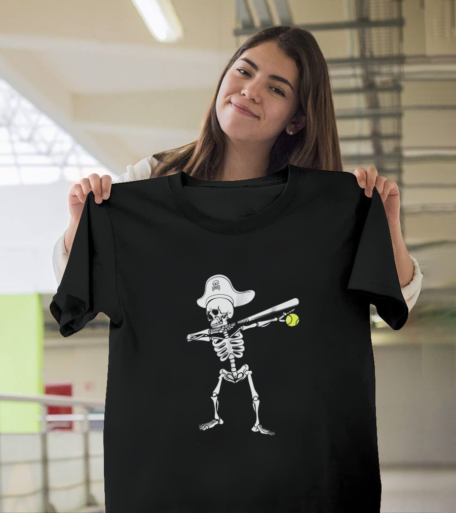 Dabbing Skeleton Holding Softball And Bat With Pirate Hat T-Shirt
