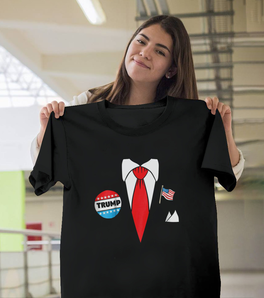 Funny Donald Trump Halloween Costume Cartoon with Red Tie, Trump Button, and USA Flag T-Shirt