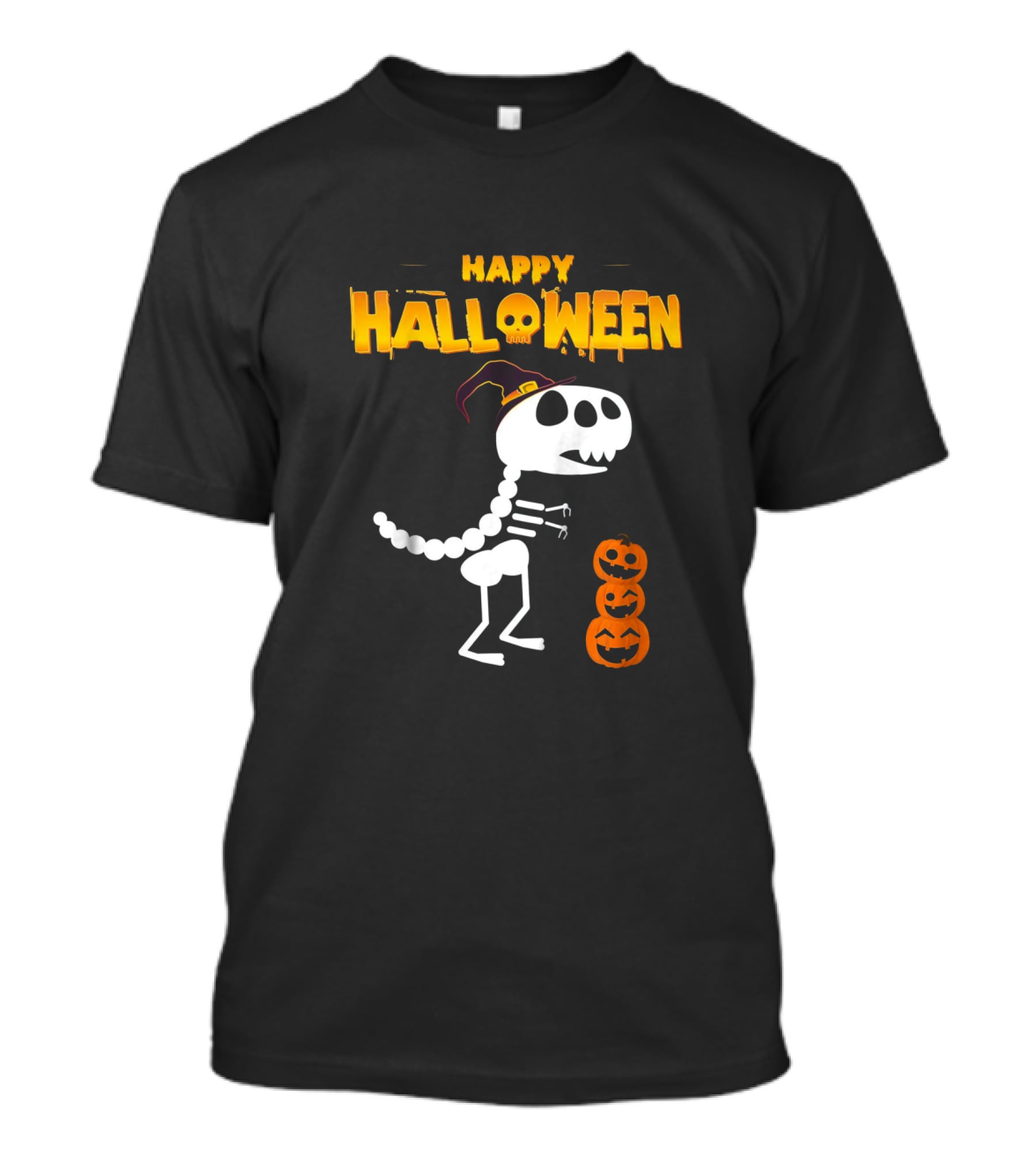 Happy Halloween Skeleton Dinosaur With Pumpkin Stack T-Shirt