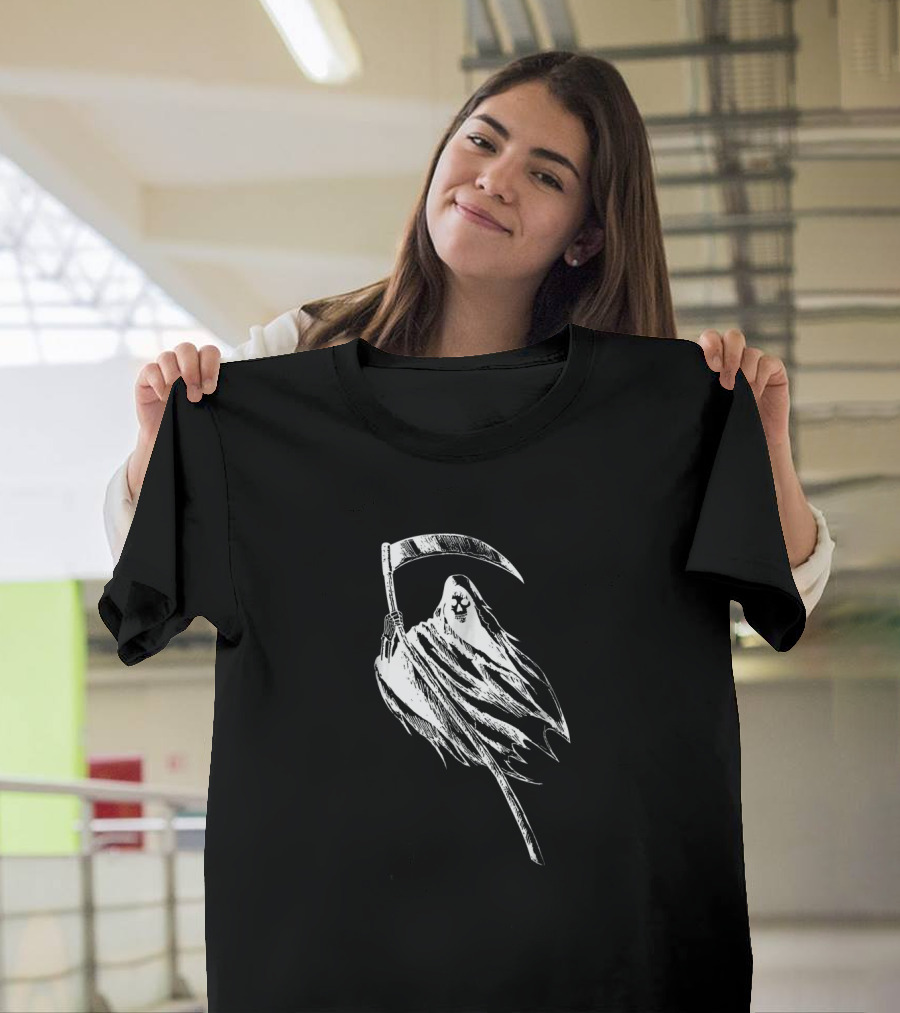 Grim Reaper Holding Scythe with Skull-Faced Cloak T-Shirt