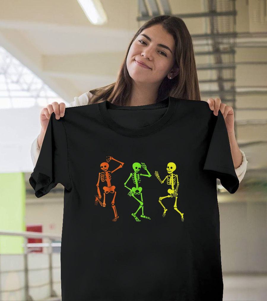 Three Skeletons Glow in the Dark Halloween Costume Dance Party T-Shirt