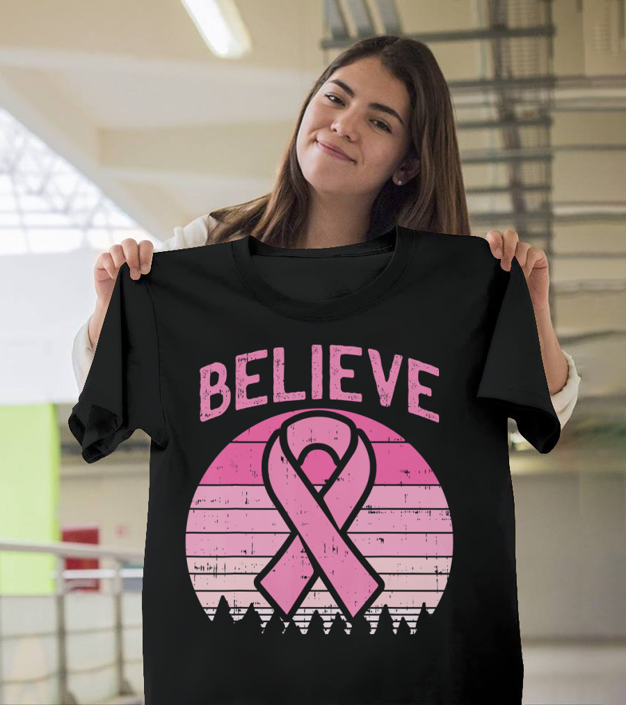 Believe Pink Ribbon Sunset Breast Cancer Awareness T-Shirt