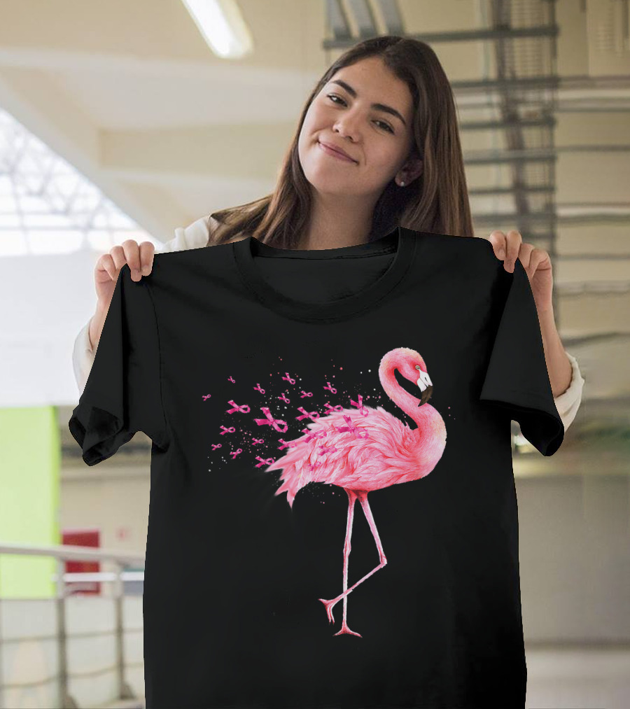 Cute Flamingo Breast Cancer Awareness Pink Ribbon T-Shirt