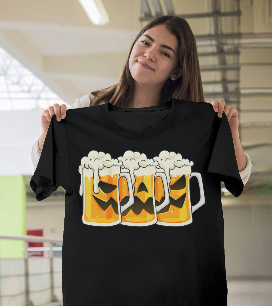 Halloween Jack O Lantern Beer Mug Faces T-Shirt