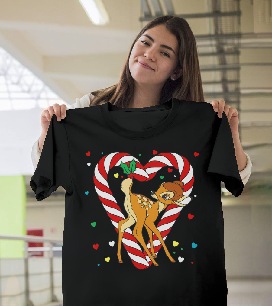 Disney Bambi Candy Cane Heart With Colorful Hearts T-Shirt