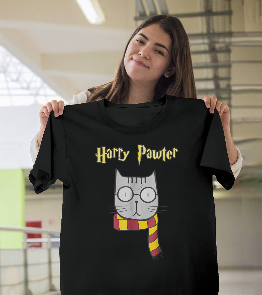 Harry Pawter Magic Cat With Glasses and Gryffindor Scarf T-Shirt