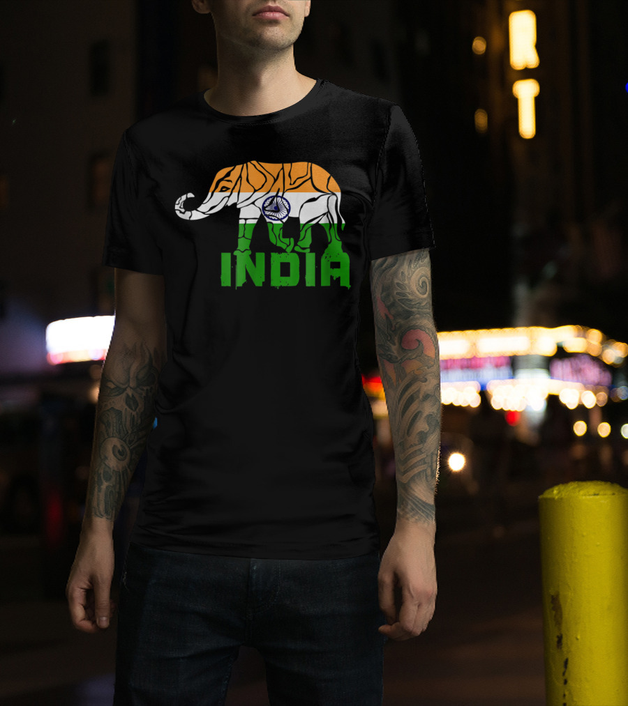 India Elephant With National Flag Colors And India Text T-Shirt