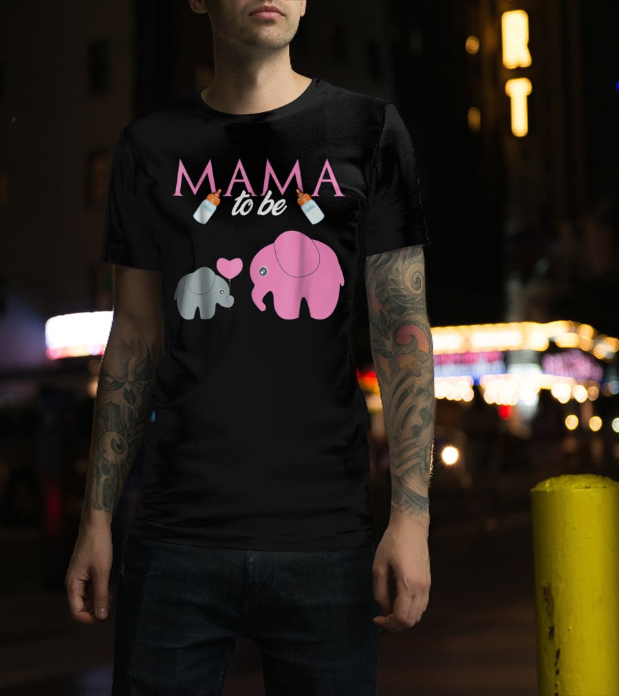 Mama To Be Pink Elephant Baby Shower With Milk Bottles And Heart Balloon T-Shirt