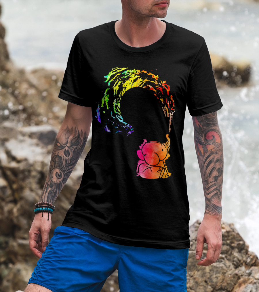 Rainbow Wave Elephant Painting Wall T-Shirt