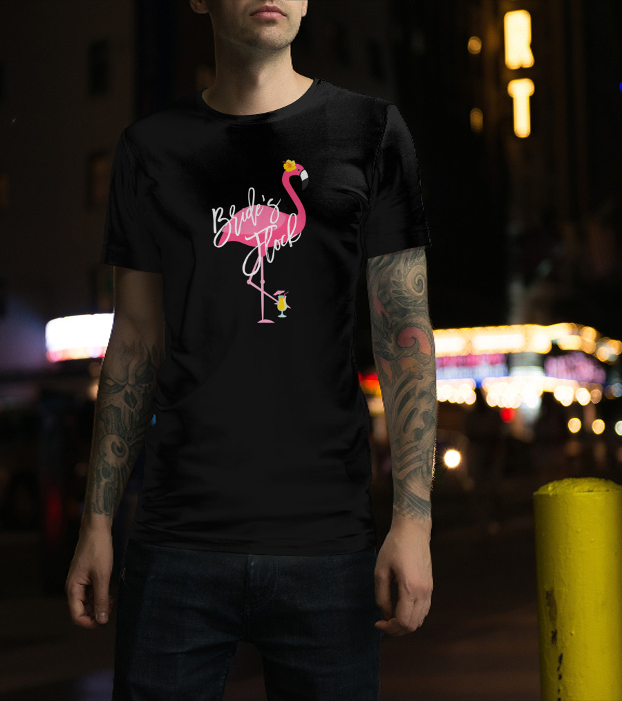 Bride's Flock Flamingo With Tropical Drink Bachelorette Party T-Shirt