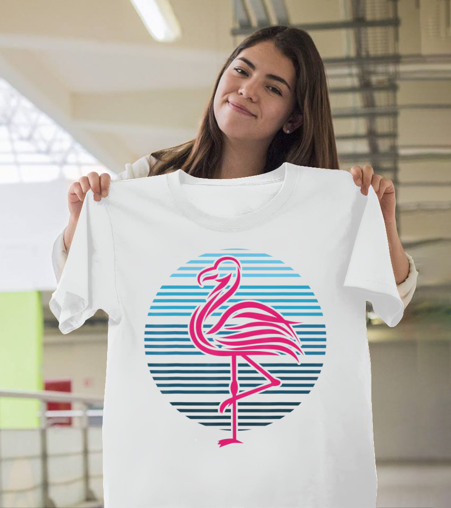 Flamingo Bird 80s Party Retro Stripes Birthday T-Shirt