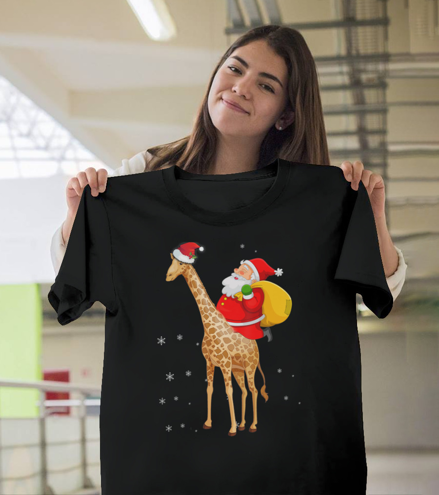 Santa Claus Riding a Giraffe with Snowflakes T-Shirt