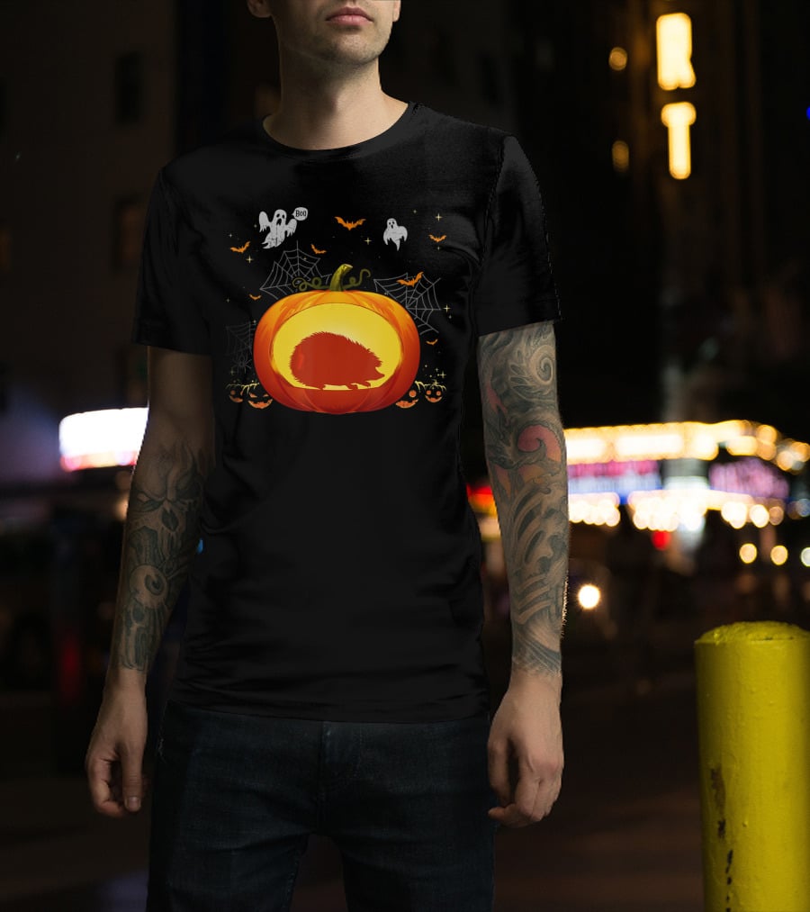 Hedgehog Silhouette In Halloween Pumpkin With Ghosts And Spiderwebs T-Shirt