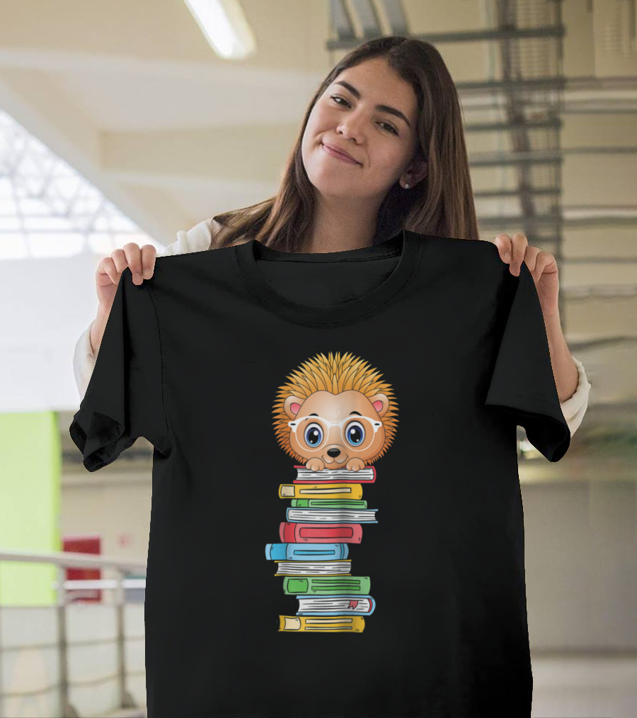 Hedgehog Book Lover With Glasses Hugging Colorful Book Stack T-Shirt