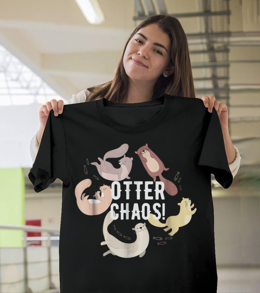 Otter Chaos Playful Otters Tumbling With Fish T-Shirt