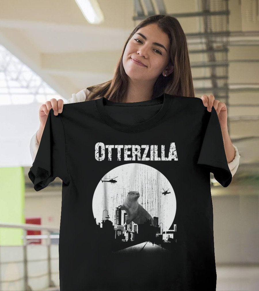 Otterzilla Funny Otter Cute Otters Lover Cityscape Helicopters T-Shirt
